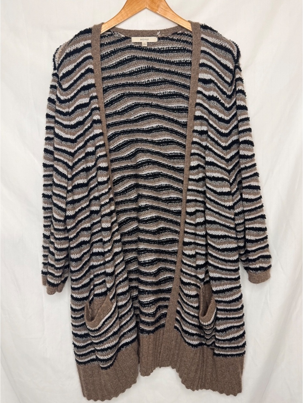 Sejour Lamb’s Wool Blend Striped Long Open Front Cardigan
